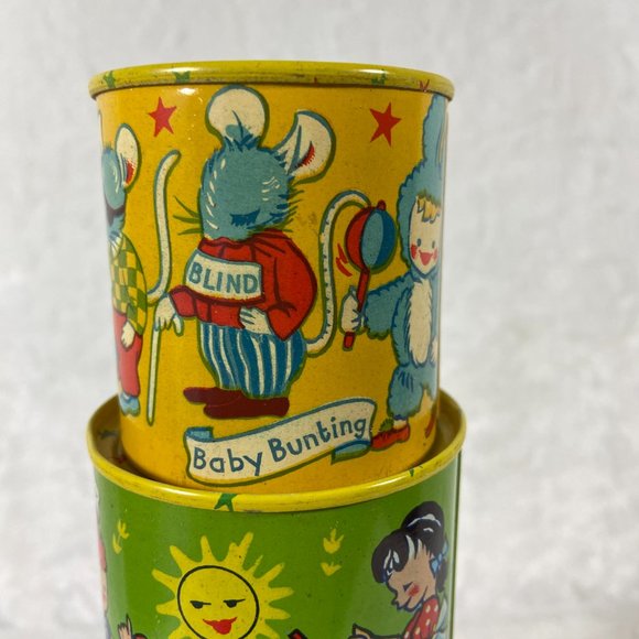Rare Vintage Chad valley WEE-Kin Baby Toy Stacking Tins Nursery Rhymes set of 4 - Picture 3 of 16